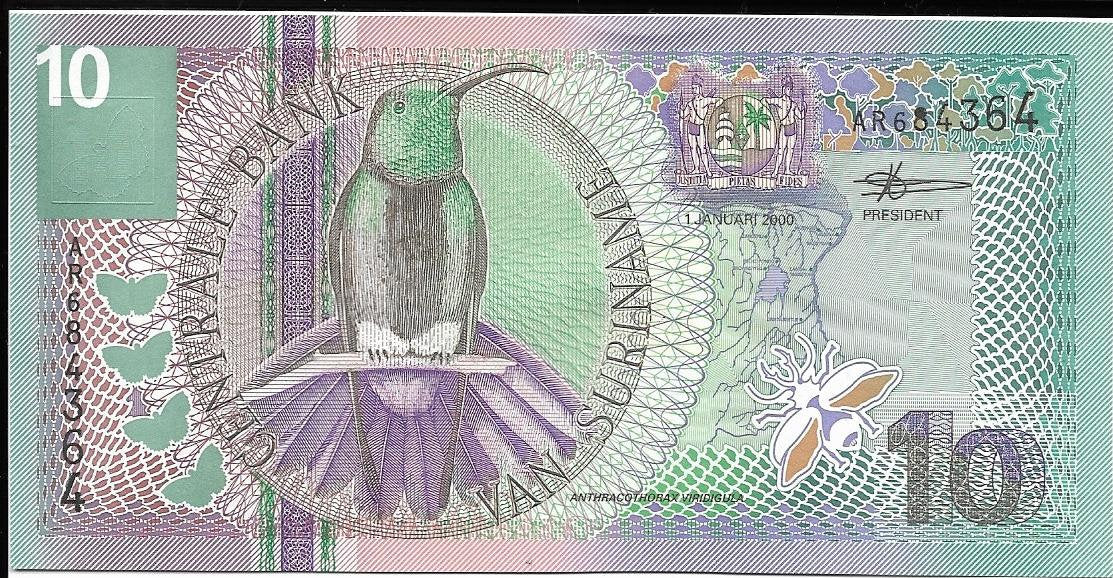 SURINAME 10 Gulden Banknote; P- 147, UNCIRCULATED; From 2000 featuring a Black Throated Mango