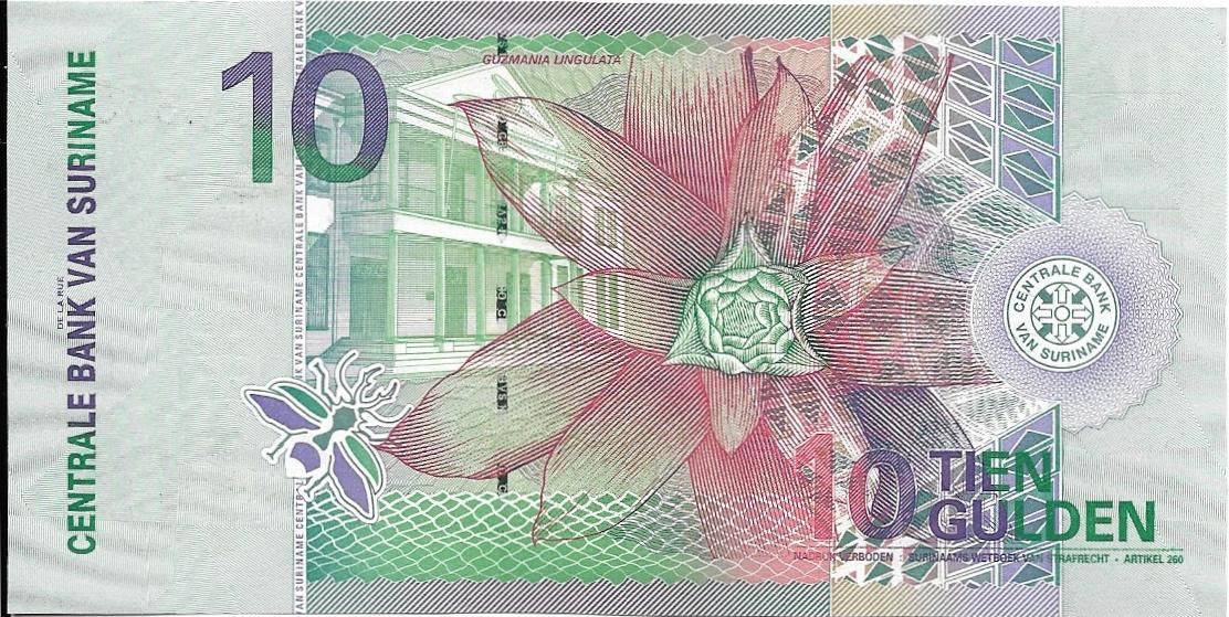 SURINAME 10 Gulden Banknote; P- 147, UNCIRCULATED; From 2000 featuring a Black Throated Mango