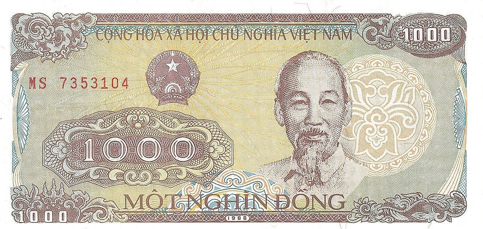 VIET NAM 1000 Dong Banknote; P - 106a; UNCIRCULATED from 1988; Features Ho Chi Minh & Logging Elephants