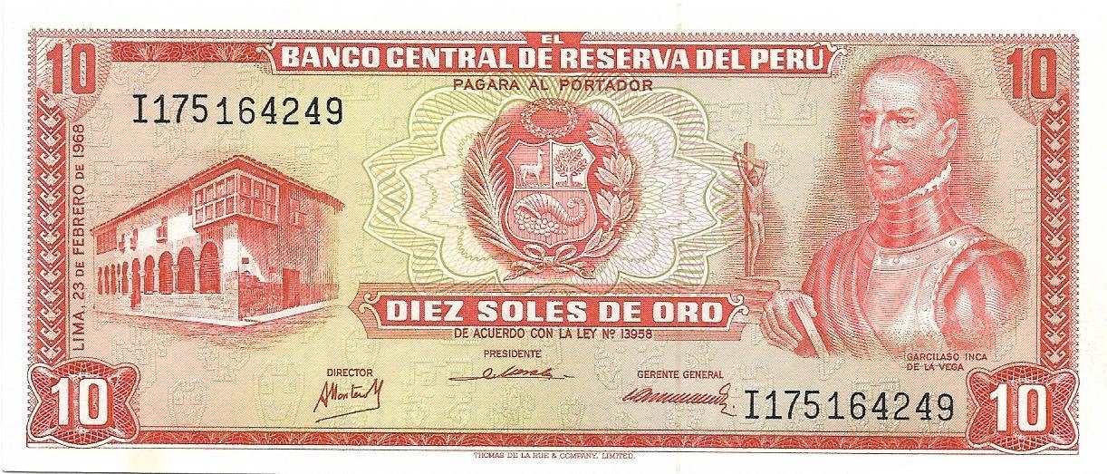 PERU 10 Soles de Oro, P- 93, UNCIRCULATED, 1968; Featuring BOATS in Bay
