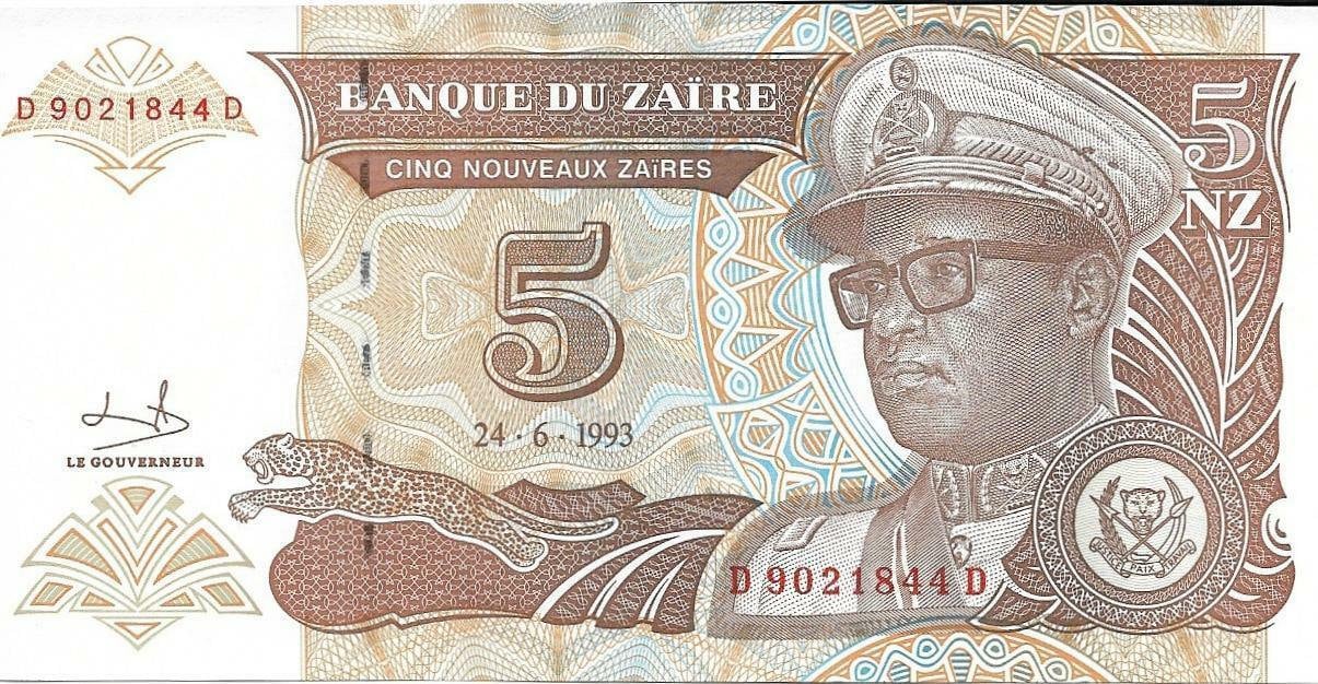 ZAIRE 5 Nouveau Zaires, P-53a, UNCIRCULATED, 1993, features a Leaping LEOPARD