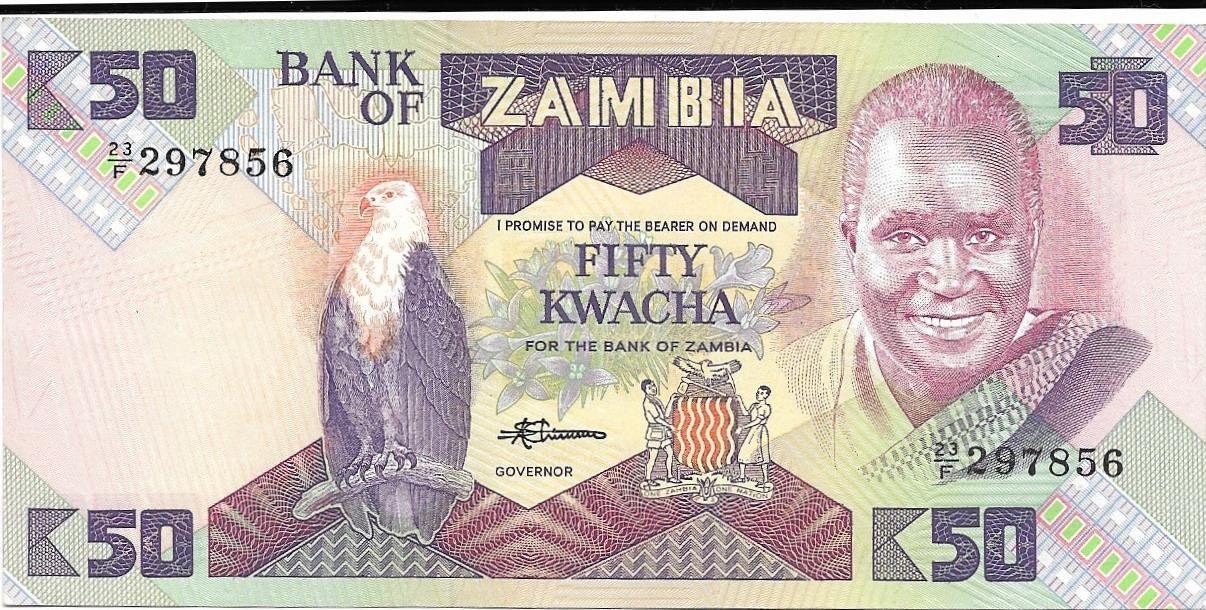 Zambia 50 Kwatcha, UNCIRCULATED, 1986, P-28; Features a Fish Eagle
