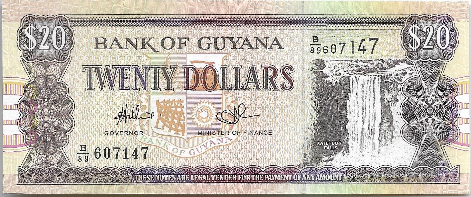 Guyana 20 Dollars, P-30e; UNCIRCULATED; features the Kaieteur Waterfalls