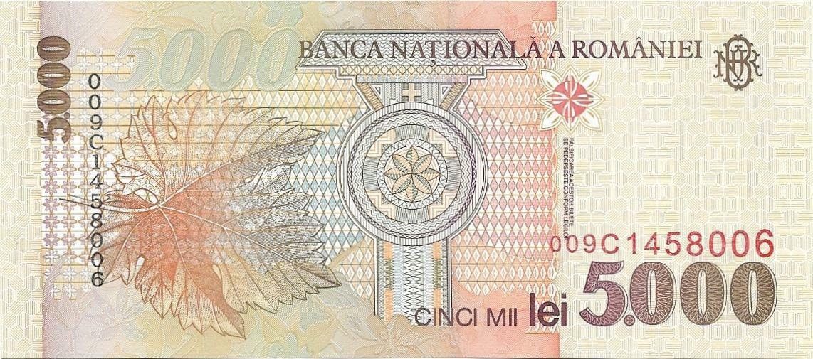 ROMANIA 5000 Lei, P-107b; SCARCE, 1998, UNCIRCULATED; features Daffodil and Lucian Blaga