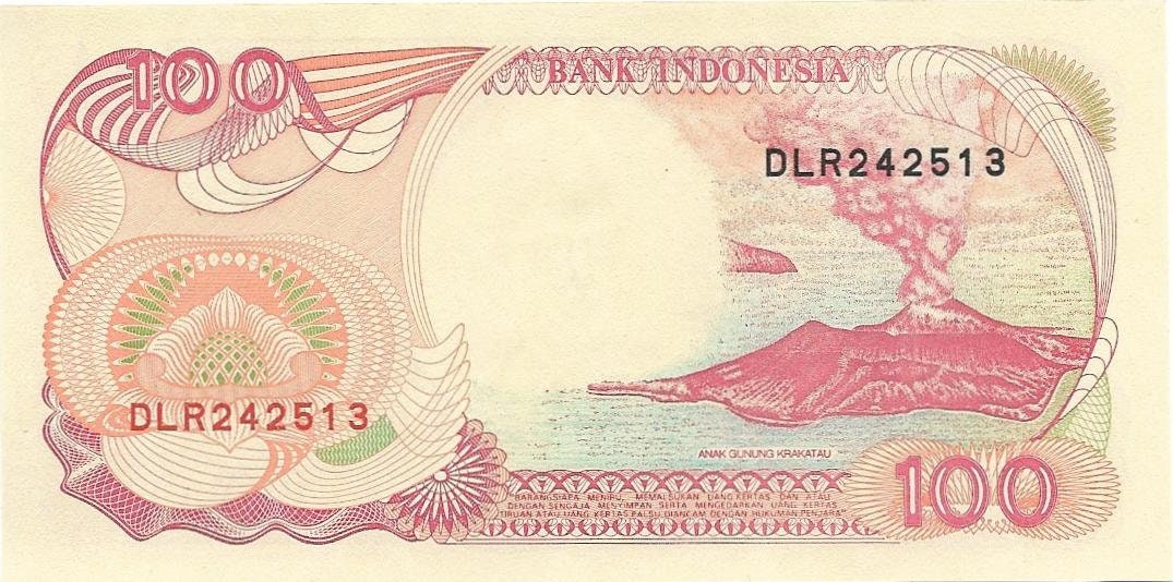 INDONESIA 100 Rupiah, P- 127g, UNCIRCULATED, 1992; Printed 1999; features a Volcano; SAILBOAT