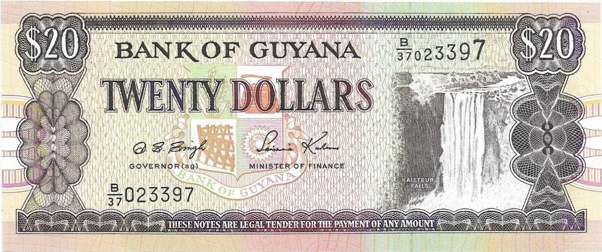 Guyana 20 Dollars, P-30b2; UNCIRCULATED; features the Kaieteur Waterfalls