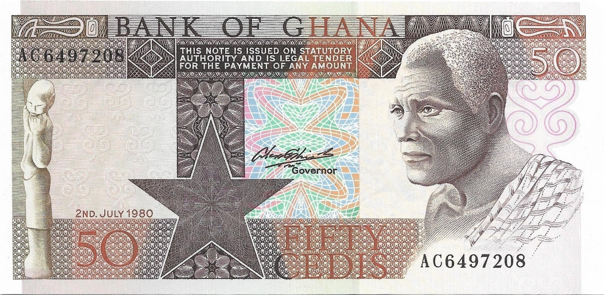 GHANA 50 Cedis Banknote P - 22b; UNCIRCULATED from 1980; features Wood Carving