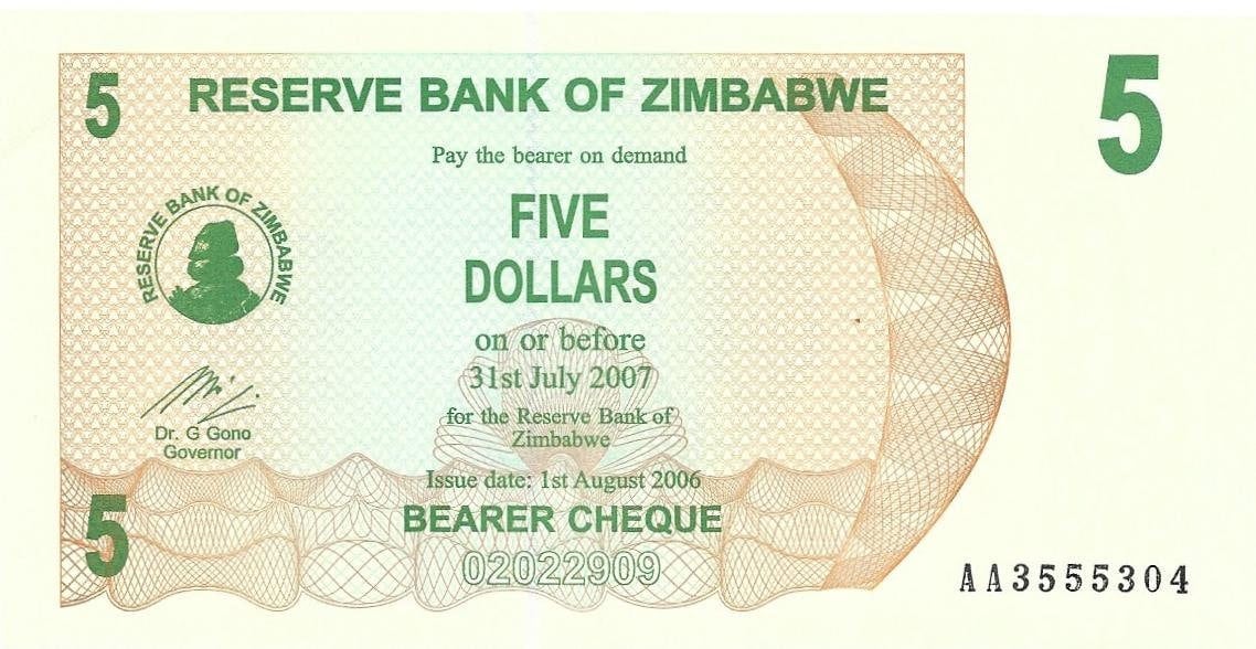 ZIMBABWE 5 Dollars Banknote, P-38; UNCIRCULATED from 2006, features a Torch; AA First Serial