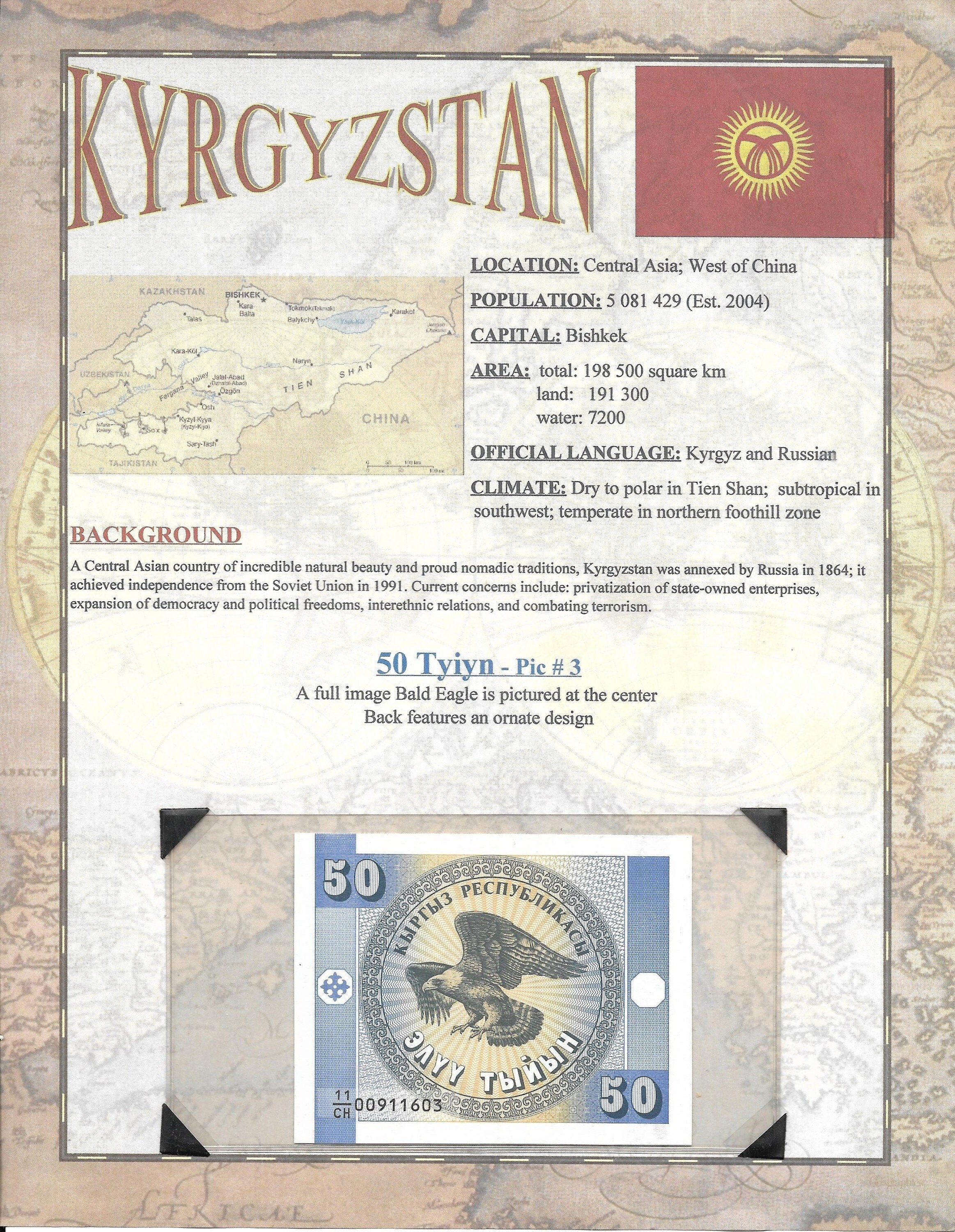 KYRGYZSTAN 50 Tyiyn; P- 3 ~~ 11th Issue World Banknote Series ~~ LIMITED Issues
