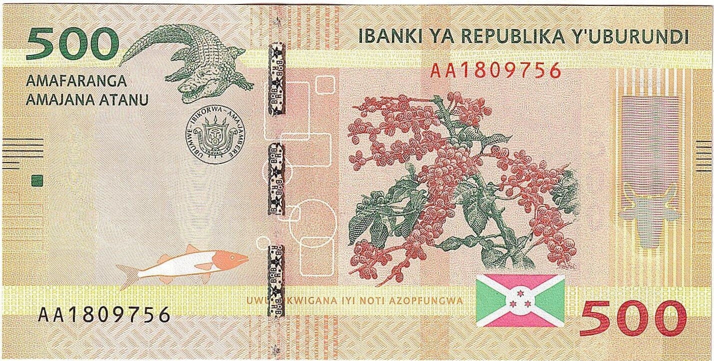 BURUNDI 500 Francs; P -50a Uncirculated Note; 2015; features Burundi Map and a CROCODILE