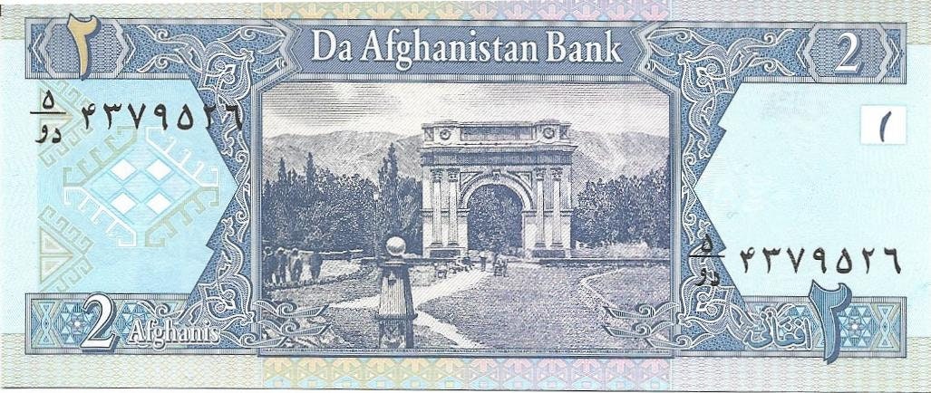 Afghanistan 2 Afghanis, 2002; P-65a; UNCIRCULATED; features the Victory Arch in Paghman Gardens