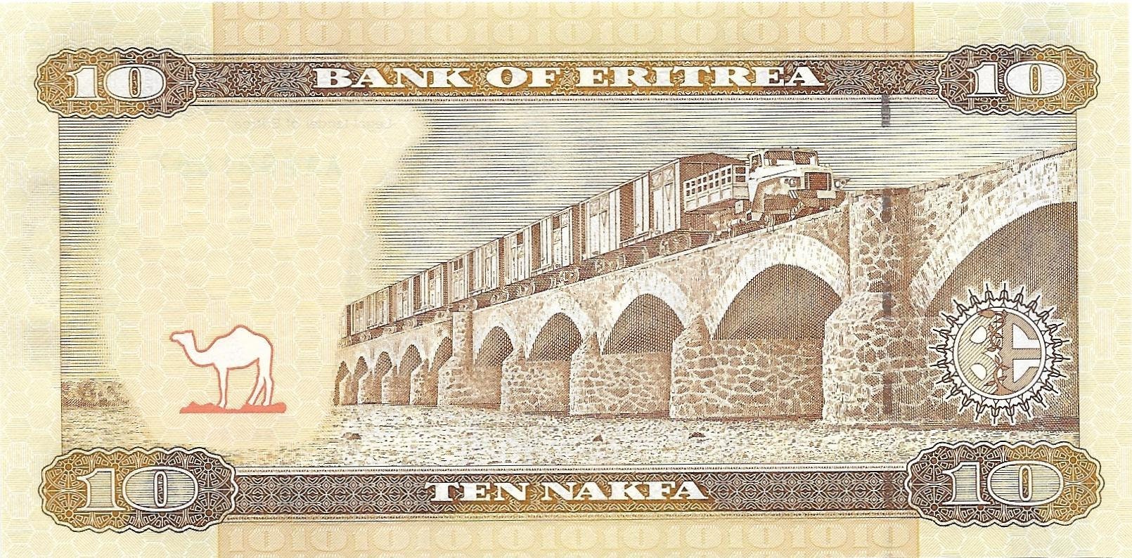 ERITREA 10 Nakfa Banknote, P - 11, UNCIRCULATED from 2012; features Trucks Hauling Rail cars