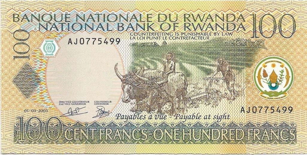 Rwanda 100 Francs, P29a, UNCIRCULATED, 2003, features OXEN and Mountain scene