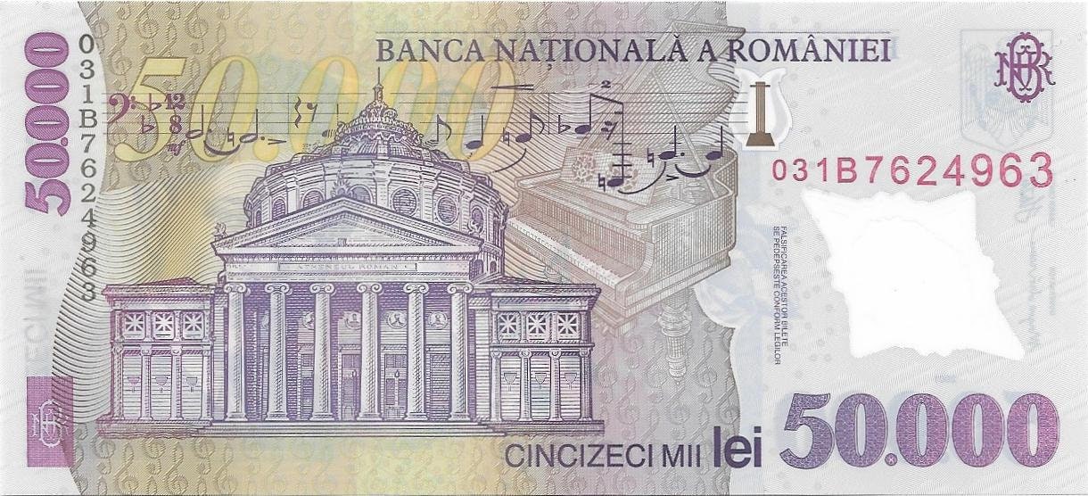 ROMANIA 50000 Lei, POLYMER, P-113a, 2001; UNCIRCULATED; features Musical Instruments