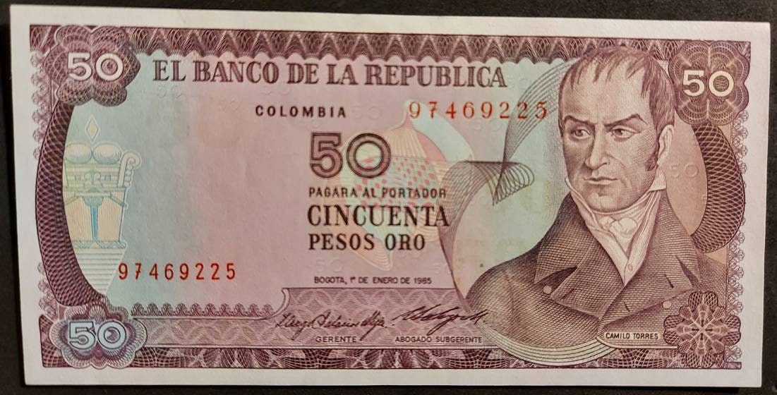 COLOMBIA 50 Peso Oro Banknote; P-425a; Bank Fresh UNCIRCULATED from 1985; Amazing UV; features a Beautiful Condor