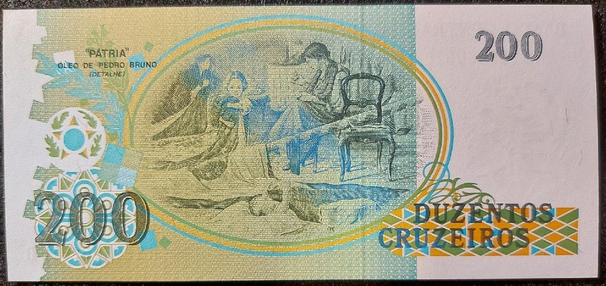 BRAZIL 200 Cruzeiros ; P-229; Uncirculated from 1990; features an Oil Painting