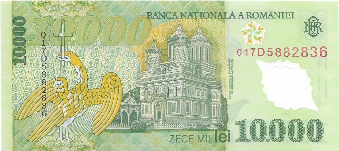 ROMANIA 10000 Lei POLYMER, P-112a, 2000; UNCIRCULATED; features a Monastery