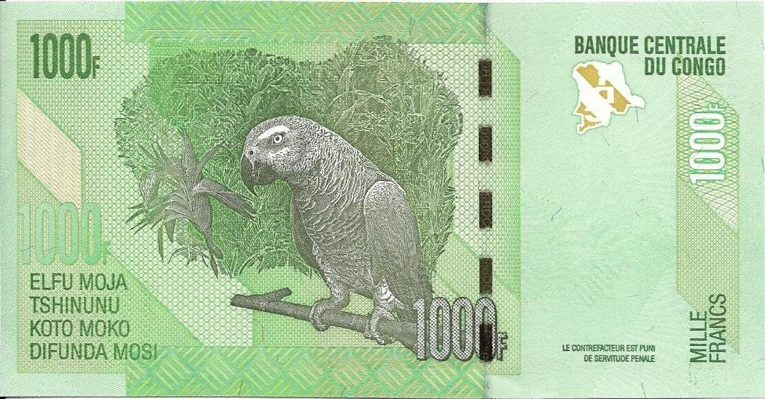 CONGO 1000 Francs Banknote; P-101a - UNCIRCULATED from 2005; Features Two Okapi; Lizards and a PARROT