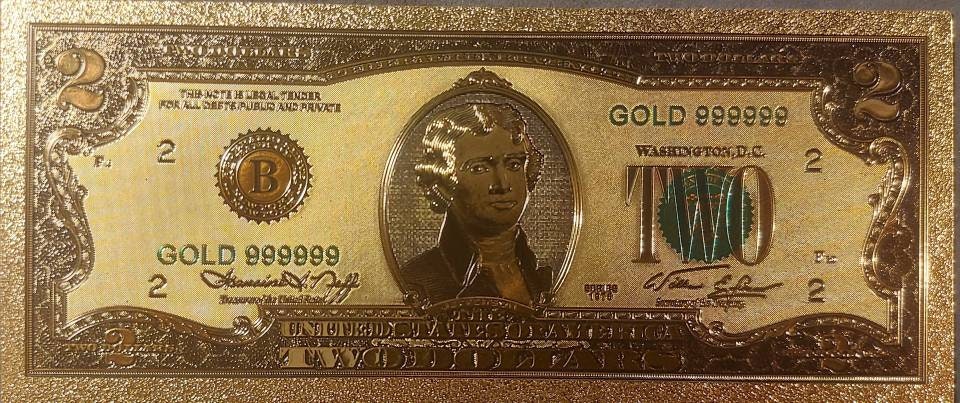 1976 USA 2 Dollars ~ .9999 GOLD FOIL Note; Beautiful collector piece and design