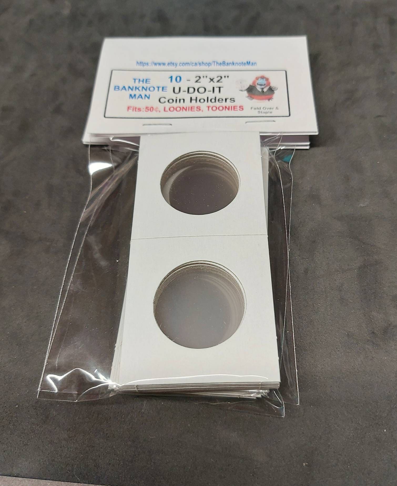 COIN HOLDERS ~ 2"x2" Coin Flips - Bundle of 10 ~ 50 Cent; Loonie; Twonie Size (31.5 mm); Made in Canada