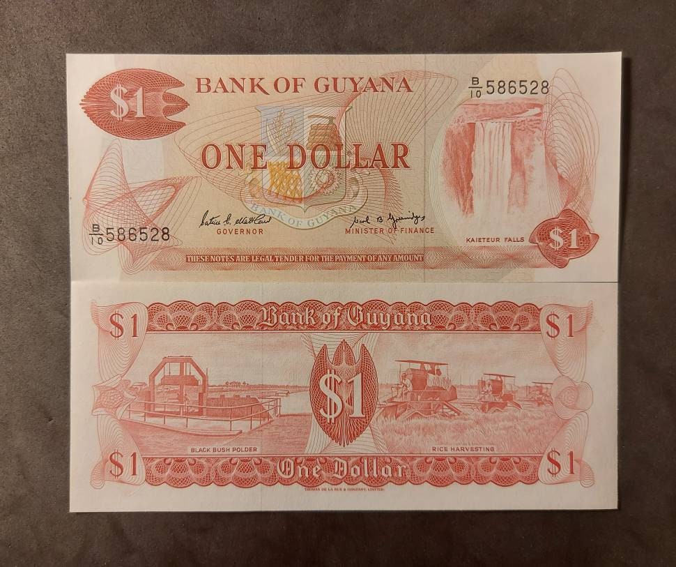 Guyana 1 Dollar, P-21f, 1989; UNCIRCULATED featuring the Kaieteur Waterfalls