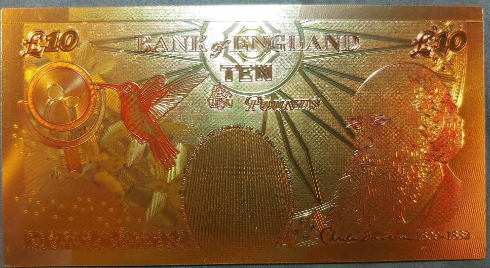 ENGLAND 10 Pounds ~ Queen ELIZABETH II .9999 Color Foil Note; Charles Darwin; Hummingbird