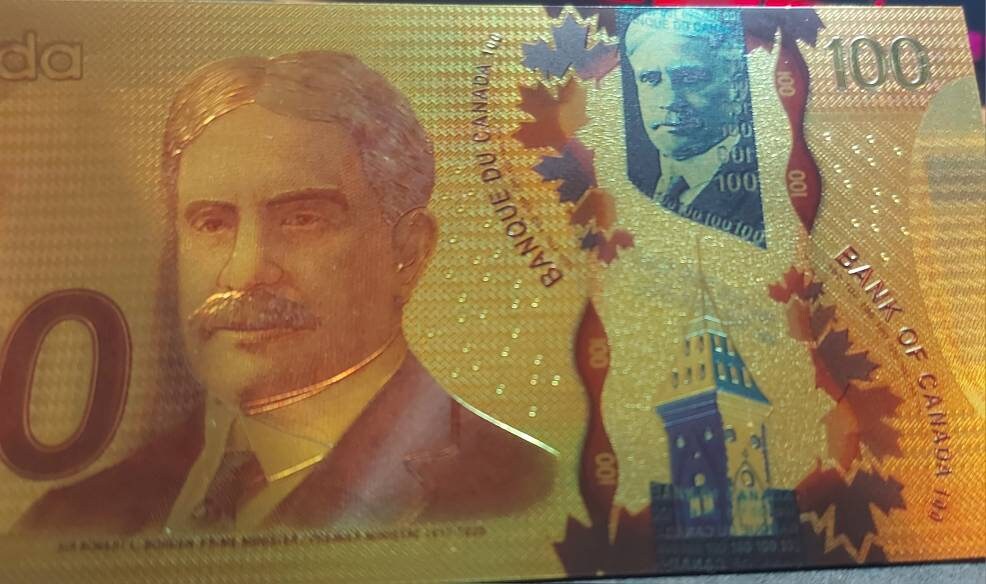 Canada 100 Dollars FANTASY .9999 GOLD FOIL Note; Beautiful Design; Comes shipped in a Mylar currency holder