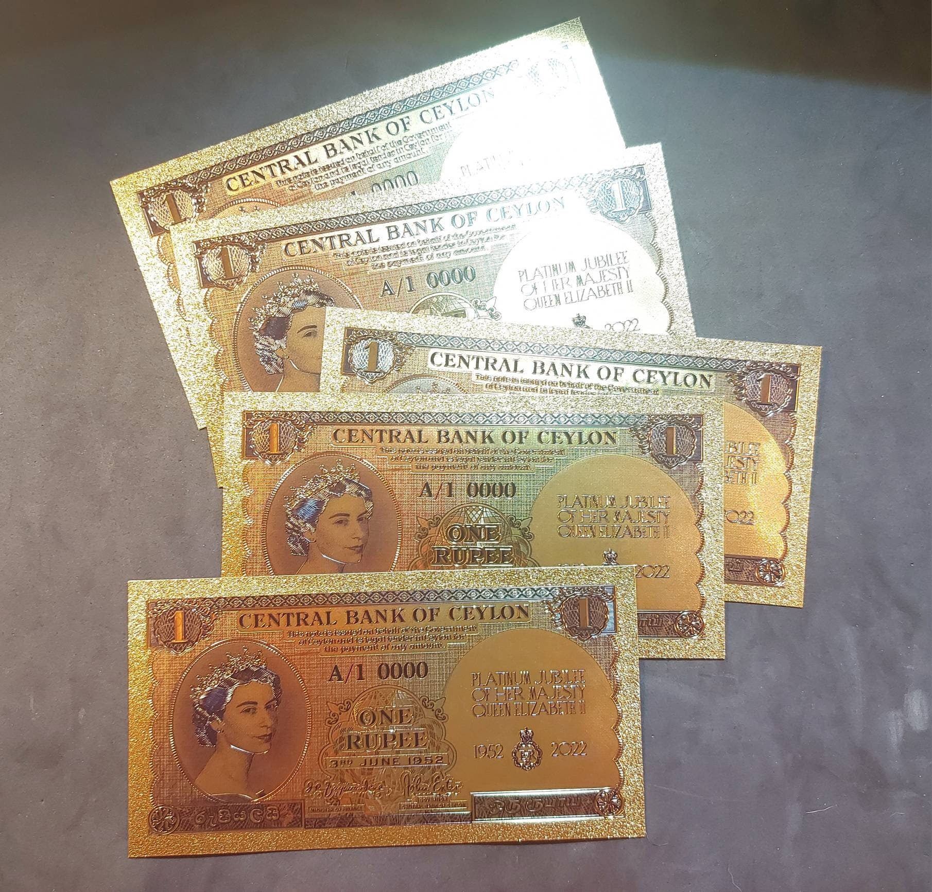 Queen Elizabeth II Commemorative Stamped 1952 CEYLON 1 Rupee .9999 GOLD Foil; Specimen Design