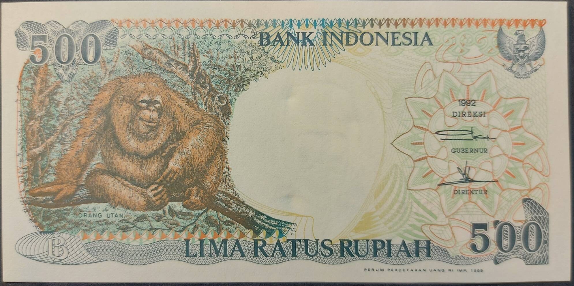 INDONESIA 500 Rupiah, P- 128h; UNCIRCULATED, 1999; features an Orangutan; Native Huts at back