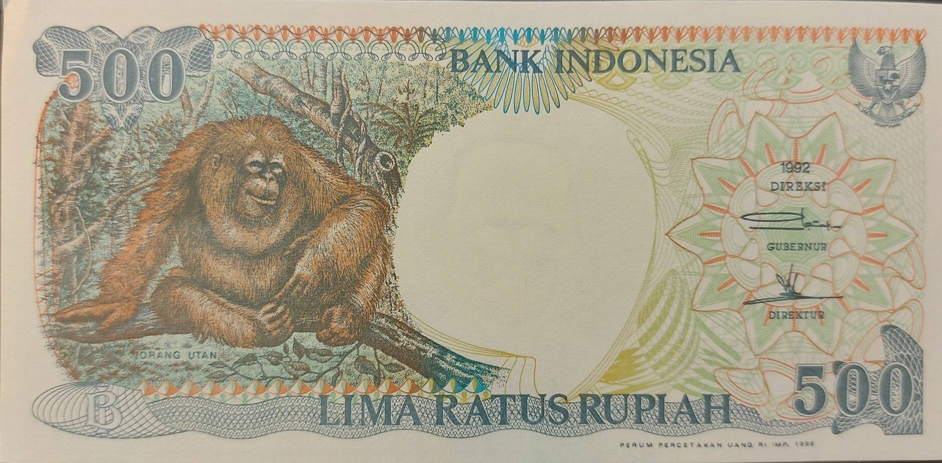 INDONESIA 500 Rupiah, P- 128g; UNCIRCULATED from 1998; features an Orangutan; Native Huts at back