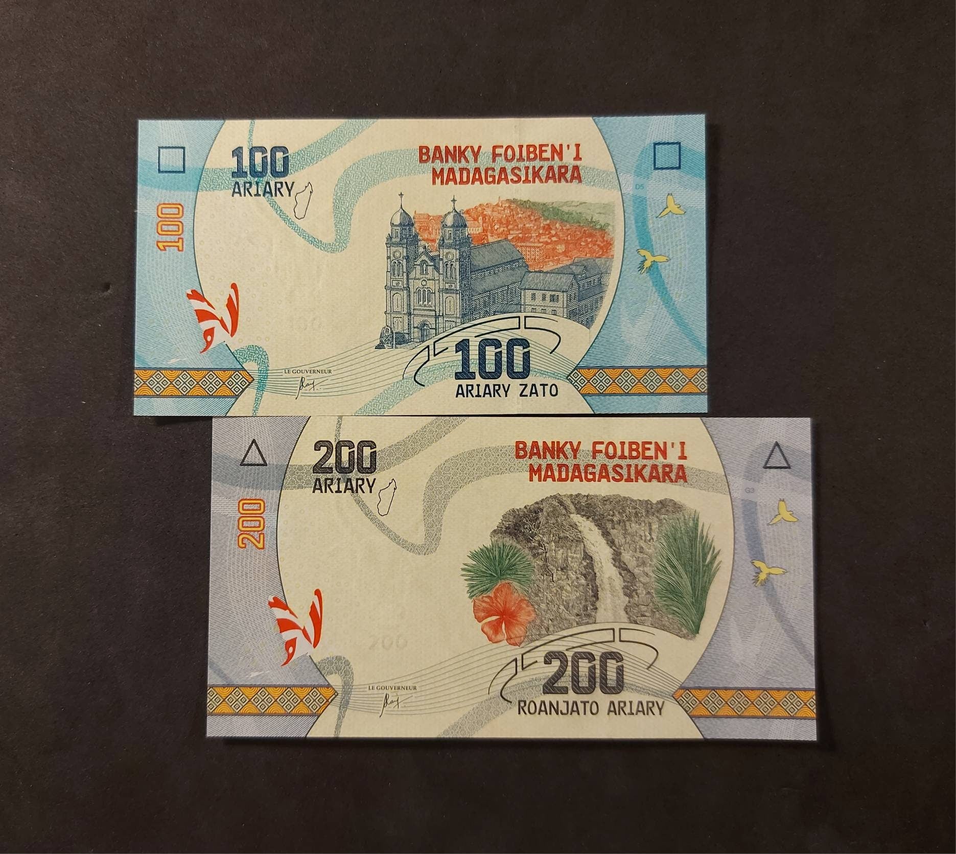 MADAGASCAR ~ 2 Note Banknote LoT ~ 100 and 200 Ariary; Amazing Colors, Butterfly Silhouettes