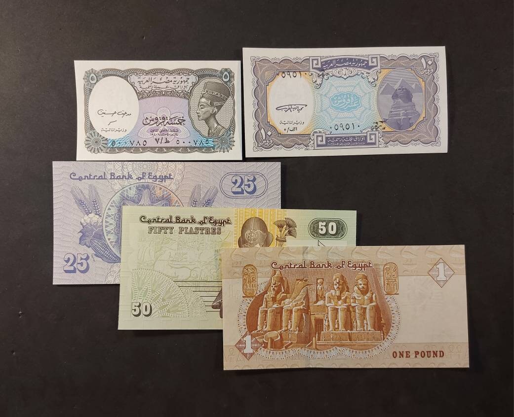 EGYPT ~ 5 Banknote Set ~ 5 Piastres to 1 Pound Banknote; All UNCIRCULATED; Very Popular Set