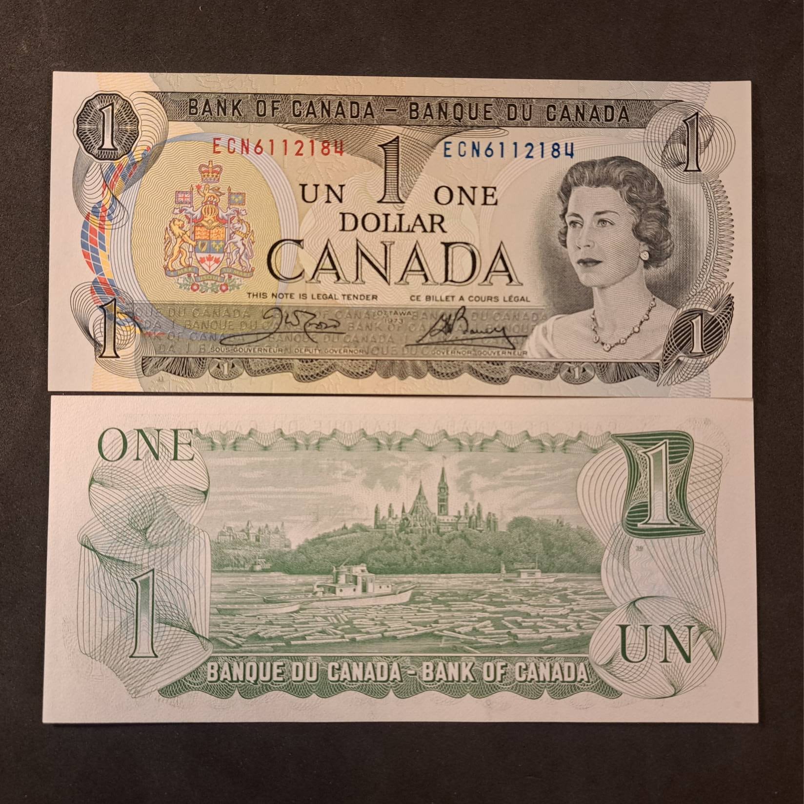 1973 Canada One Dollar Banknote; P-85c; Crisp UNCIRCULATED ~ Queen Elizabeth II ~ Shipped in the best Protective Mylar Currency holder