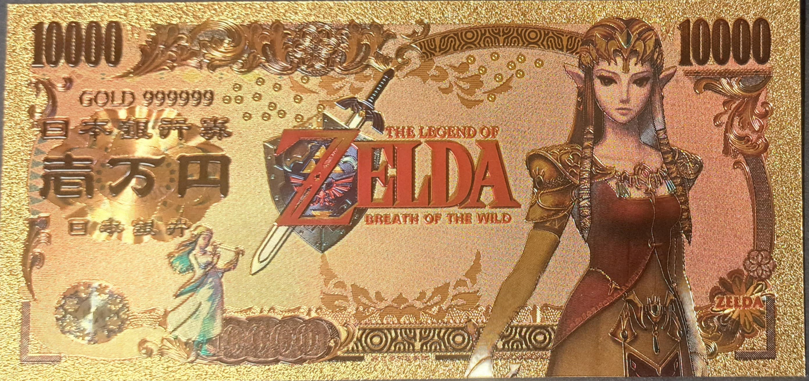 PRINCESS ZELDA from The Legend of Zelda: Breath of the Wild; .9999 GOLD FOiL 10000 Yen Note; Comes in a collector display holder