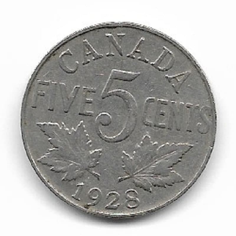 1928 CANADIAN NICKEL; Five Cent Coin; King George V; Vintage Nickel Coin; Maple Leaves