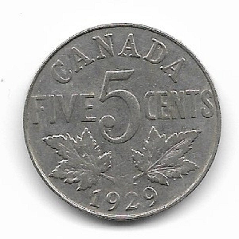 1929 CANADIAN NICKEL; Five Cent Coin; King George V; Vintage Nickel Coin; Maple Leaves