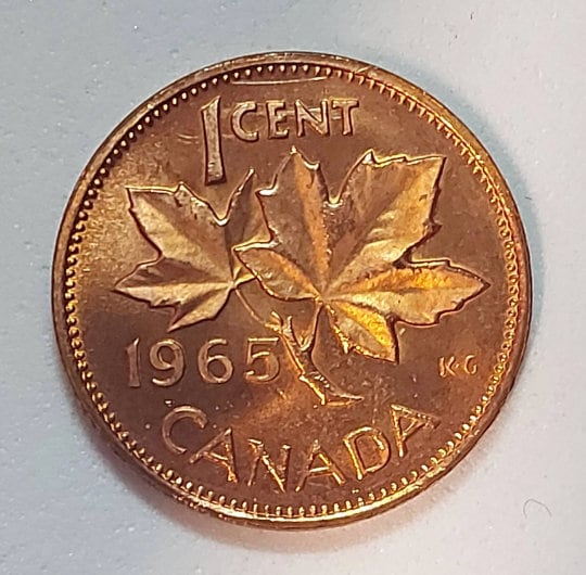 1965 Canadian Penny ~ Brilliantly UNCIRCULATED (BU) One Cent Coin; Queen Elizabeth II; Copper Penny