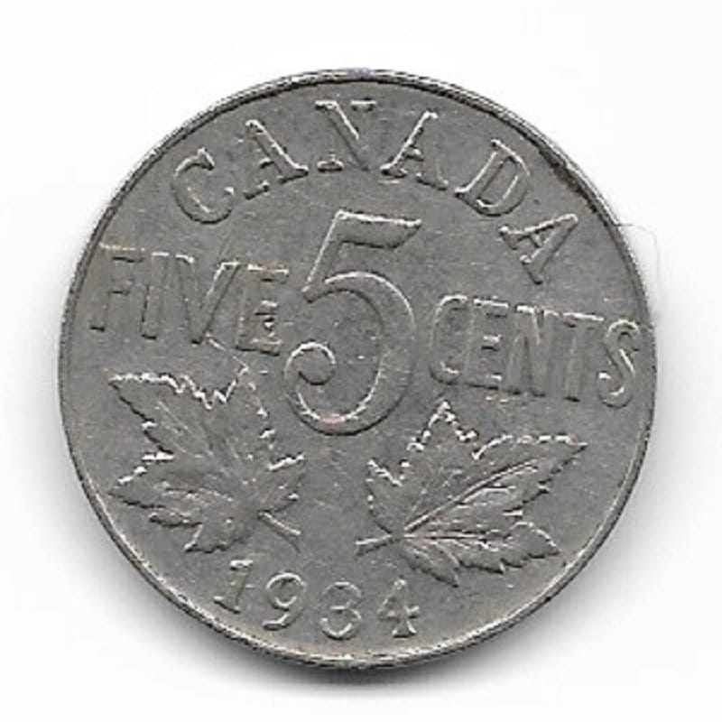 1934 CANADIAN NICKEL; Five Cent Coin; King George V; Vintage Nickel Coin; Maple Leaves