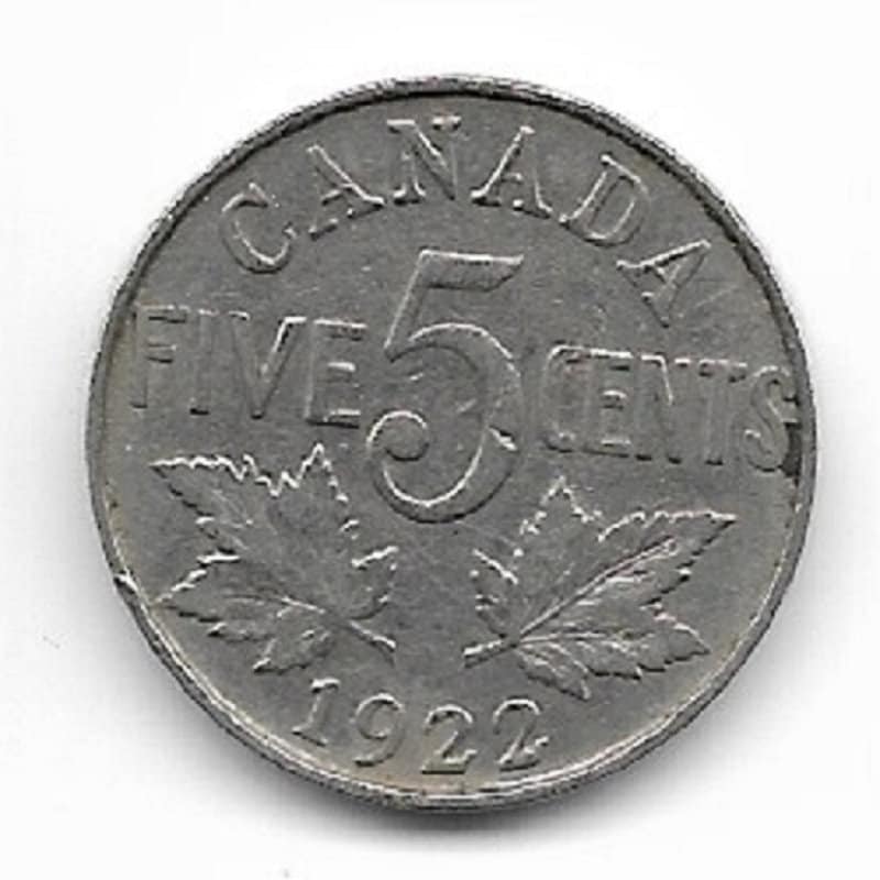 1922 CANADIAN NICKEL; Five Cent Coin; King George V; Vintage Nickel Coin; Maple Leaves