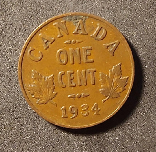 1934 CANADIAN PENNY; One Cent Coin; King George V; Copper Penny