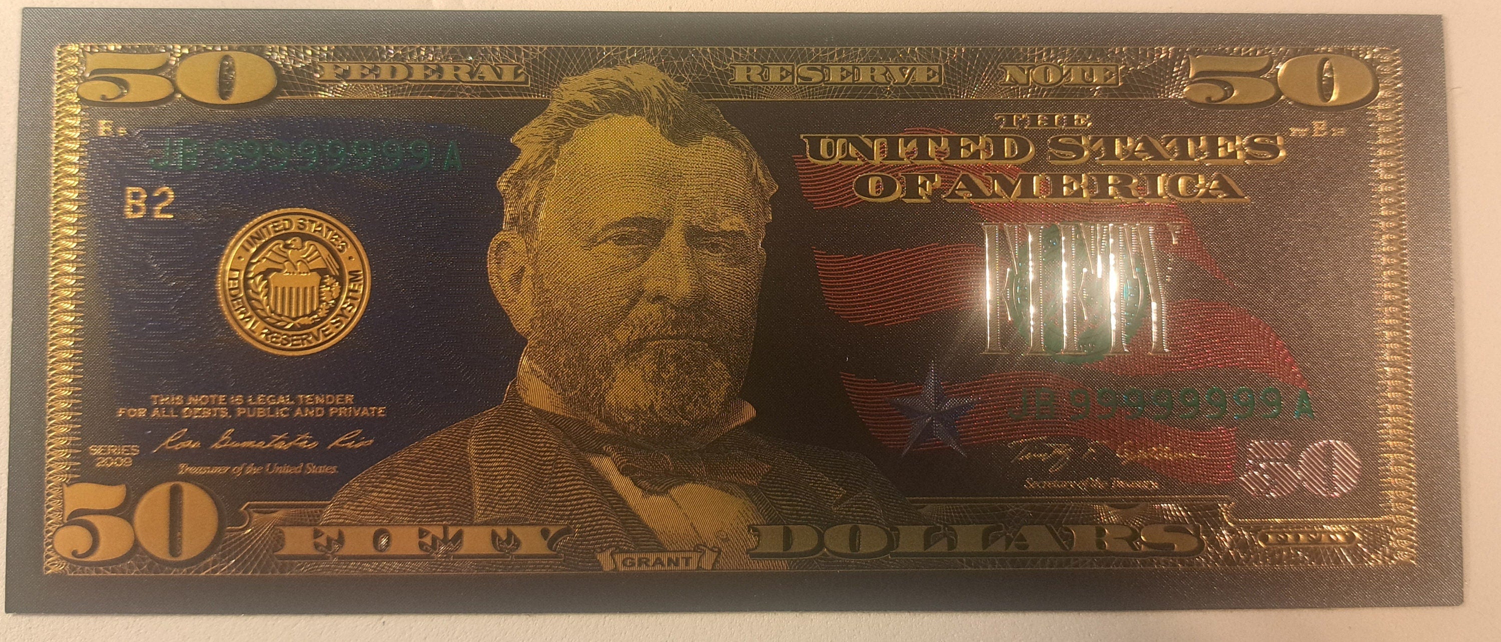 USA 50 Dollar Black .9999 GOLD FOIL Note from 2009 Series; Beautiful collector piece and design