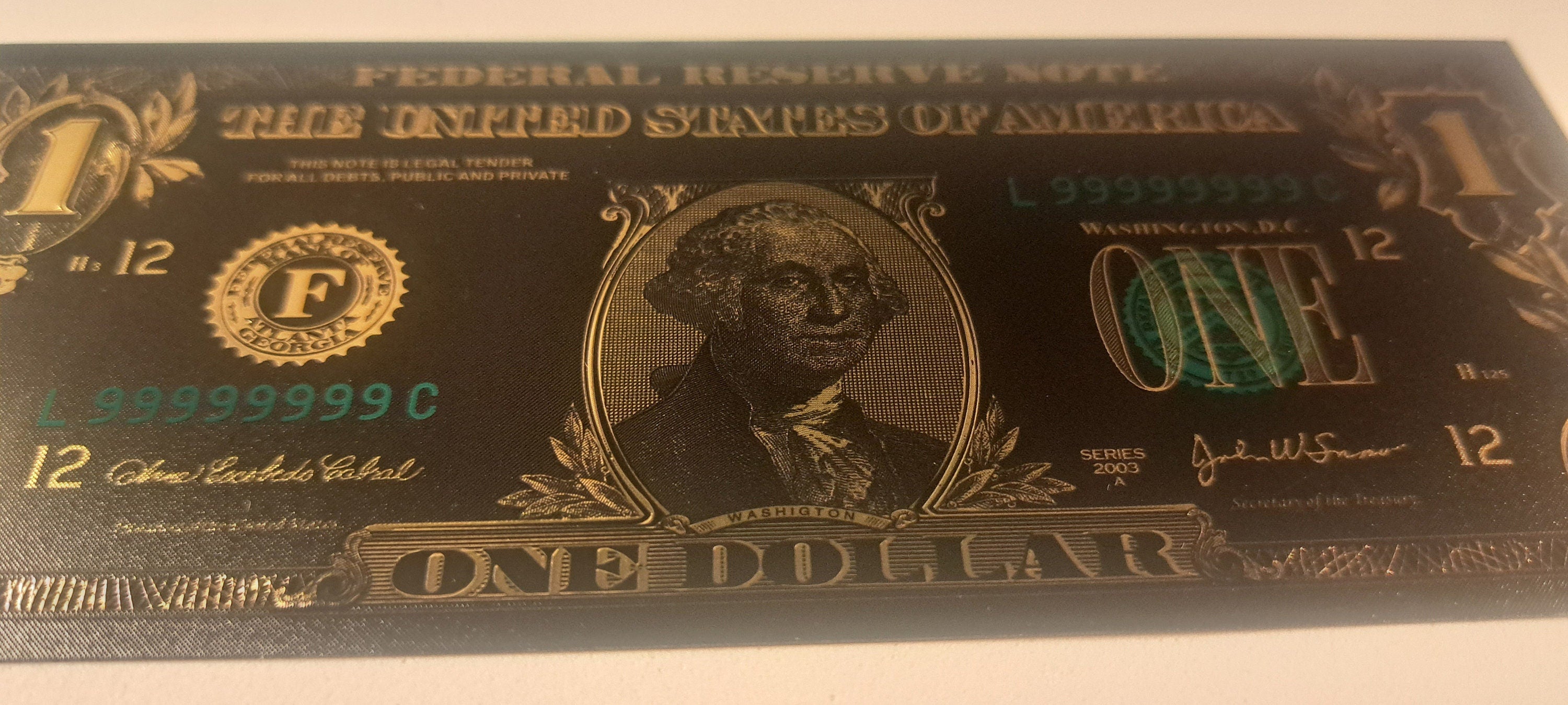 USA 1 Dollar Black .9999 GOLD FOIL Note from 2003 Series; Beautiful collector piece and design