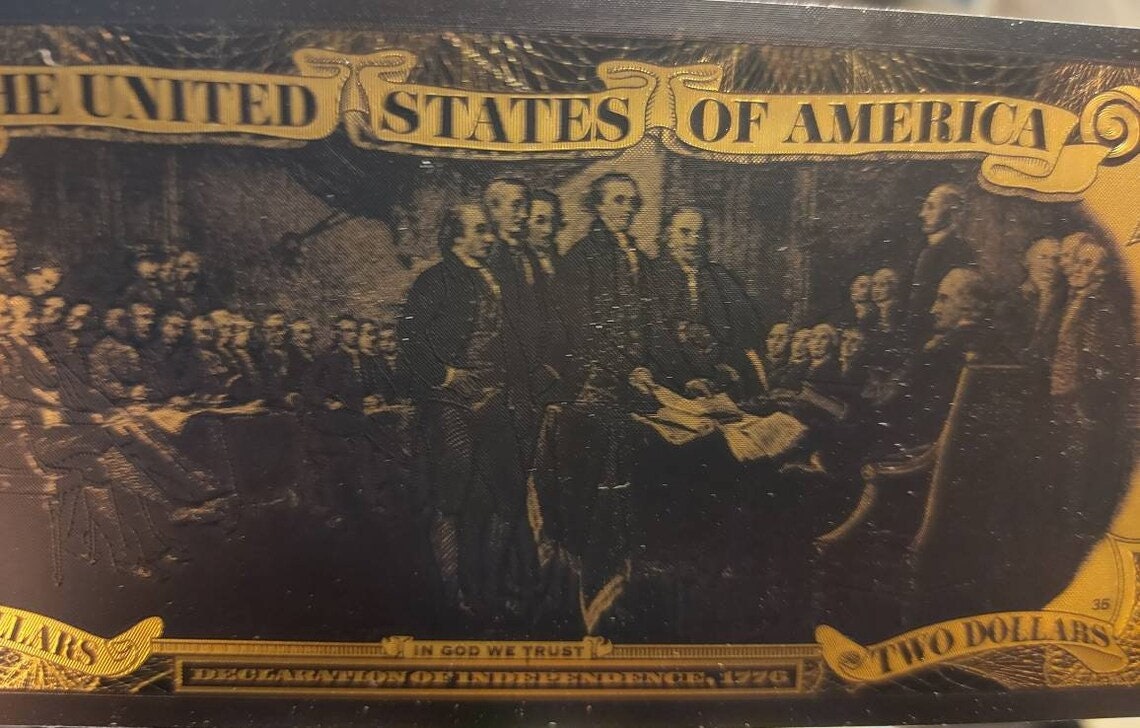 USA 2 Dollar Black .9999 GOLD FOIL Note from 1976 Series; Beautiful collector piece and design