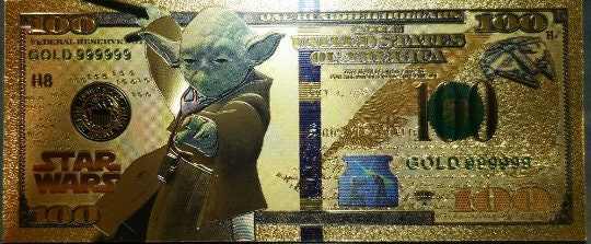 YODA: Star Wars Galaxy .9999 GOLD Foil 100 Dollars Fantasy Note; Full color scene on back; Comes in a Collector Display holder