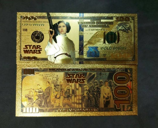 PRINCESS LEIA: Star Wars Galaxy .9999 GOLD Foil 100 Dollars Fantasy Note; Full color scene on back; Comes in a Collector Display holder