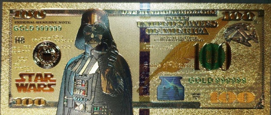 DARTH VADER: Star Wars Galaxy .9999 GOLD Foil 100 Dollars Fantasy Note; Full color scene on back; Comes in a Collector Display holder