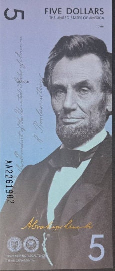 USA Abraham Lincoln Fantasy 5 Dollar Note from the Presidential Series; POLYMER; Beautiful collector piece and design