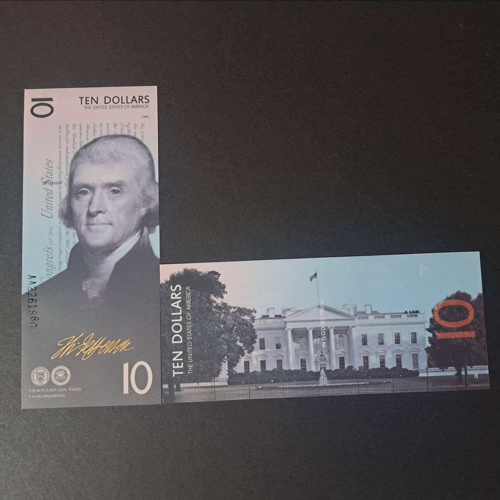 USA Thomas Jefferson Fantasy 10 Dollar Note from the Presidential Series; POLYMER; Beautiful collector piece and design