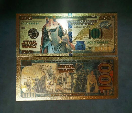 JAR JAR Binks: Star Wars Galaxy .9999 GOLD Foil 100 Dollars Fantasy Note; Full color scene on back; Comes in a Collector Display holder