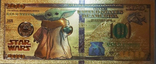 GROGU: Star Wars Galaxy .9999 GOLD Foil 100 Dollars Fantasy Note; Full color scene on back; Comes in a Collector Display holder